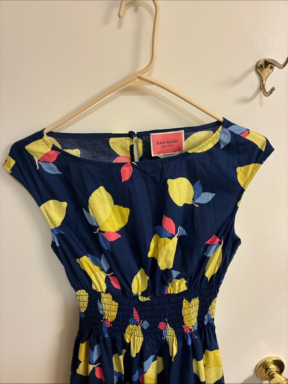 kate spade Navy Lemon-Print Smocked Waist Dress Sz 2-100% Cotton - Picture 5 of 11